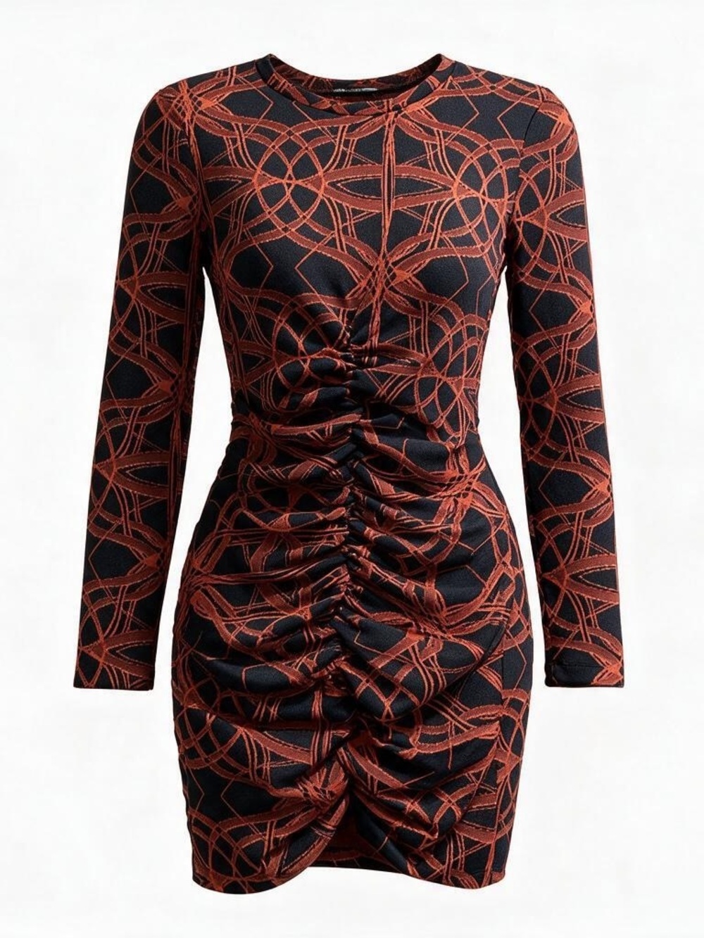 Zara Black Dress with Rust-Red Graphic Print, Long Sleeve